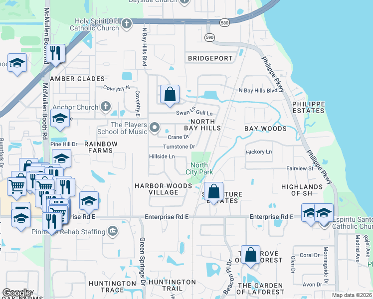 map of restaurants, bars, coffee shops, grocery stores, and more near 45 Turnstone Drive in Safety Harbor