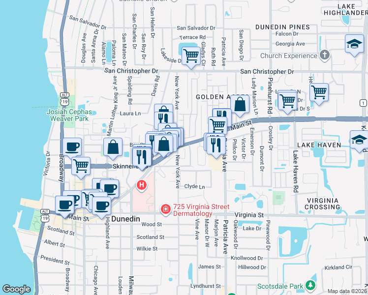 map of restaurants, bars, coffee shops, grocery stores, and more near 1024 Park Drive in Dunedin