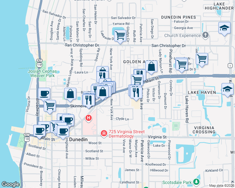 map of restaurants, bars, coffee shops, grocery stores, and more near 833 Oak Bend Lane in Dunedin