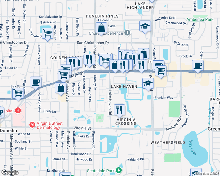 map of restaurants, bars, coffee shops, grocery stores, and more near Lake Haven Road in Dunedin