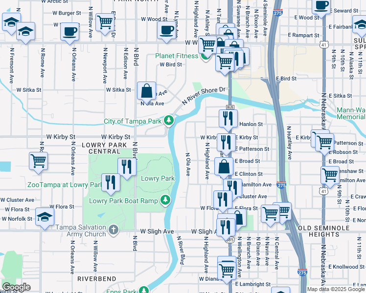 map of restaurants, bars, coffee shops, grocery stores, and more near 7512 North Ola Avenue in Tampa