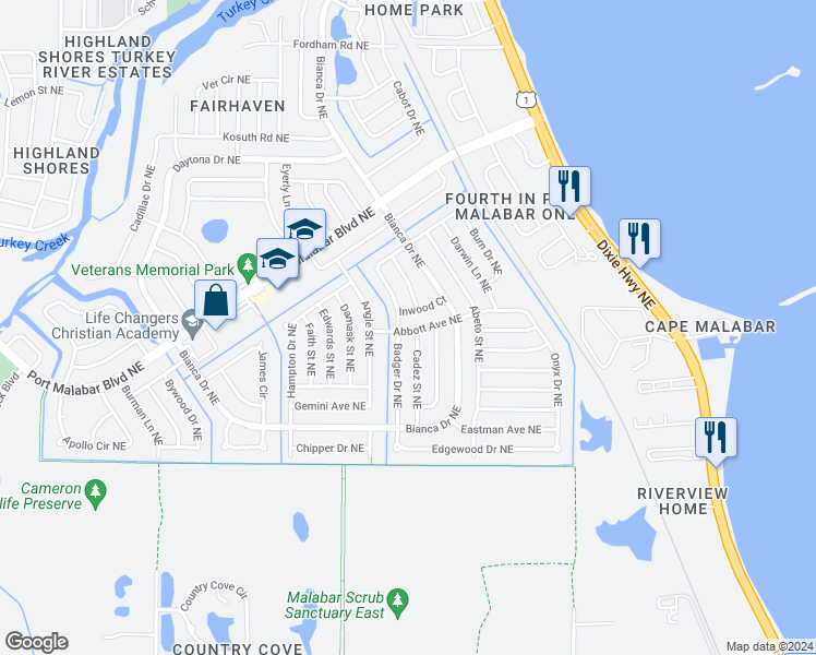 map of restaurants, bars, coffee shops, grocery stores, and more near 3041 Abbott Avenue Northeast in Palm Bay
