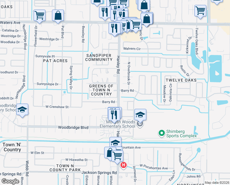 map of restaurants, bars, coffee shops, grocery stores, and more near 7403 Abonado Road in Tampa