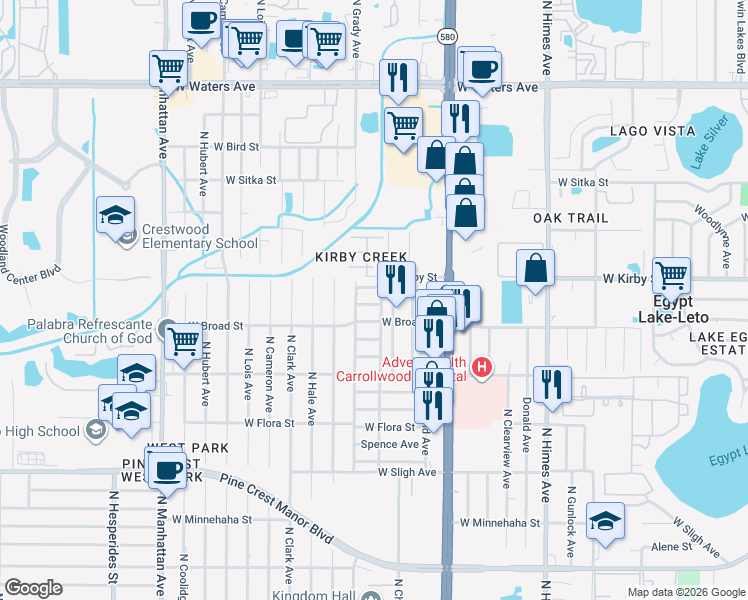 map of restaurants, bars, coffee shops, grocery stores, and more near 7506 North Cortez Street in Tampa