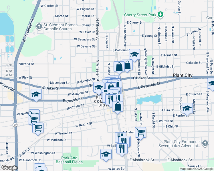 map of restaurants, bars, coffee shops, grocery stores, and more near 212 North Collins Street in Plant City