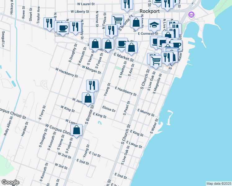map of restaurants, bars, coffee shops, grocery stores, and more near 511 East Hackberry Street in Rockport