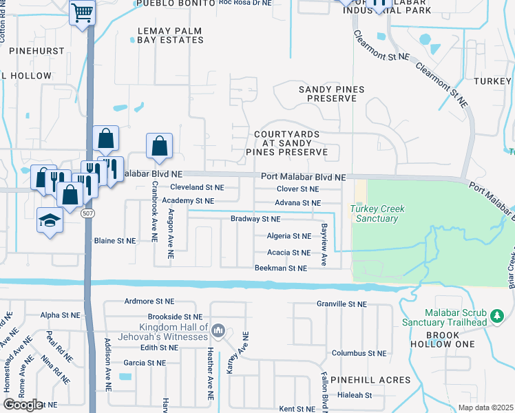 map of restaurants, bars, coffee shops, grocery stores, and more near 2005 Bradway Street Northeast in Palm Bay