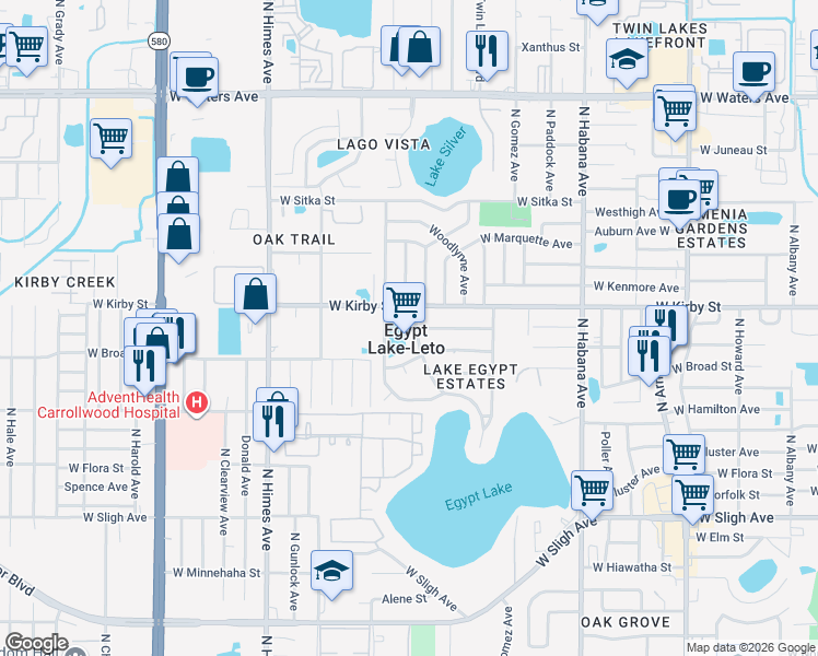 map of restaurants, bars, coffee shops, grocery stores, and more near 7608 Lakeside Boulevard in Tampa