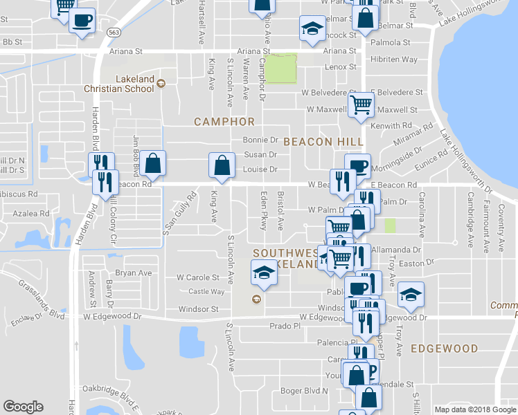 map of restaurants, bars, coffee shops, grocery stores, and more near 2213 Eden Parkway in Lakeland