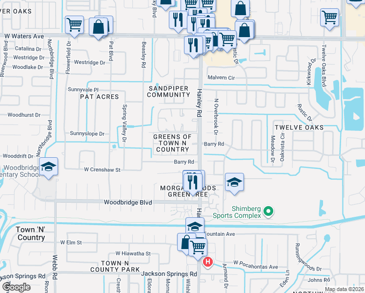 map of restaurants, bars, coffee shops, grocery stores, and more near in Town 'n' Country