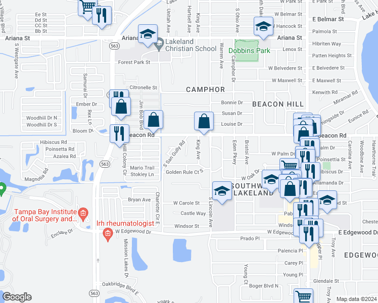 map of restaurants, bars, coffee shops, grocery stores, and more near 2210 Brandy Place in Lakeland