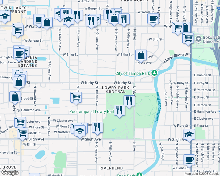 map of restaurants, bars, coffee shops, grocery stores, and more near 1109 West Patterson Street in Tampa