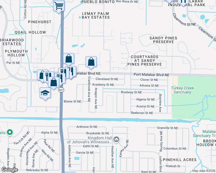 map of restaurants, bars, coffee shops, grocery stores, and more near 1937 Bradway Street Northeast in Palm Bay