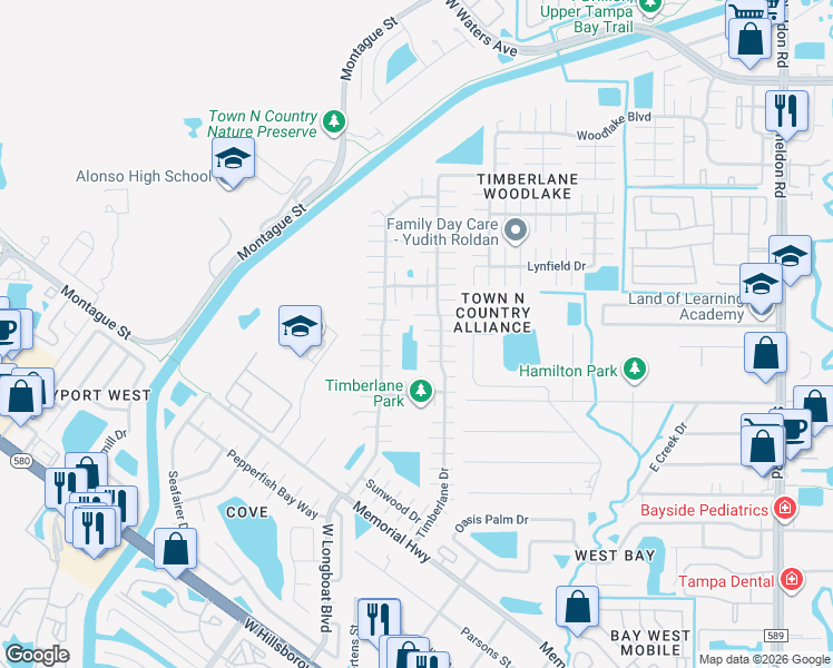 map of restaurants, bars, coffee shops, grocery stores, and more near 10120 Wheatley Hills Court in Tampa
