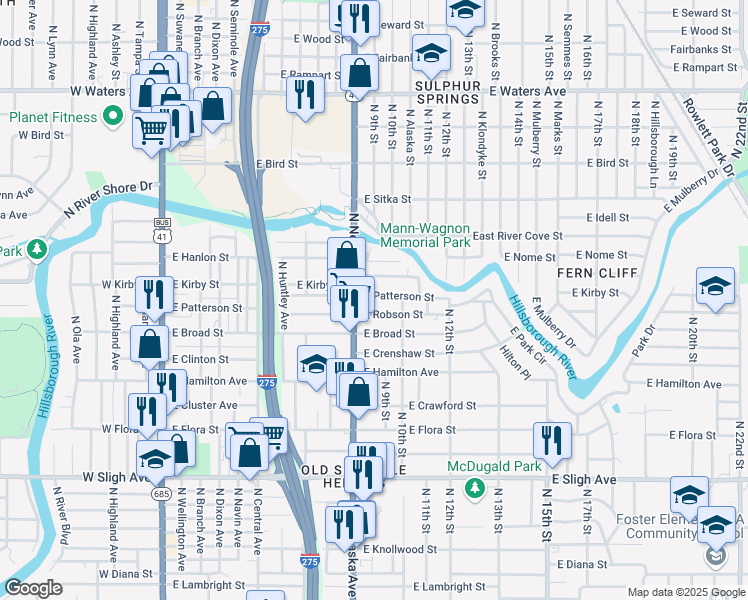 map of restaurants, bars, coffee shops, grocery stores, and more near 907 East Patterson Street in Tampa