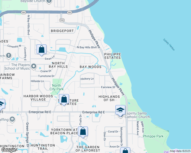 map of restaurants, bars, coffee shops, grocery stores, and more near 5 Summit Lane in Safety Harbor