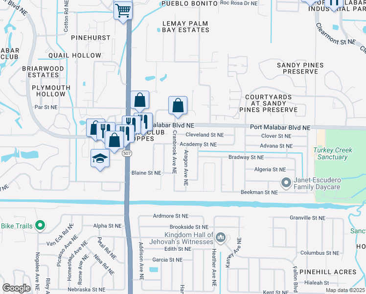 map of restaurants, bars, coffee shops, grocery stores, and more near 779 Cranbrook Avenue Northeast in Palm Bay