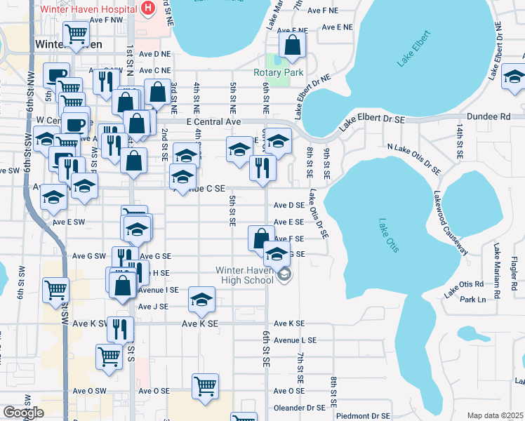 map of restaurants, bars, coffee shops, grocery stores, and more near 548 6th Street Southeast in Winter Haven