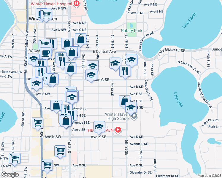 map of restaurants, bars, coffee shops, grocery stores, and more near 427 Avenue East Southeast in Winter Haven