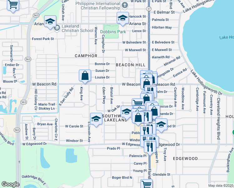 map of restaurants, bars, coffee shops, grocery stores, and more near 516 West Palm Drive in Lakeland