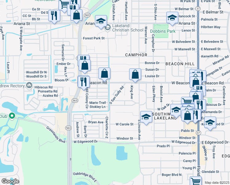 map of restaurants, bars, coffee shops, grocery stores, and more near 2121 South San Gully Road in Lakeland