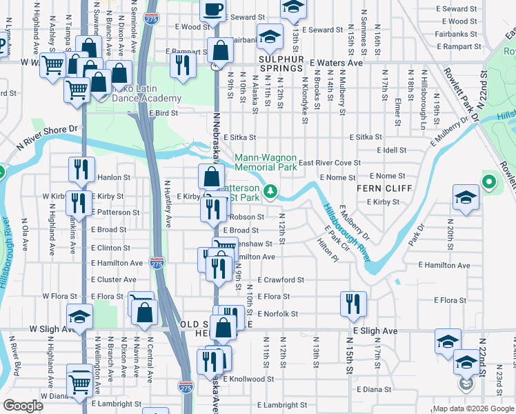 map of restaurants, bars, coffee shops, grocery stores, and more near 1004 East Robson Street in Tampa