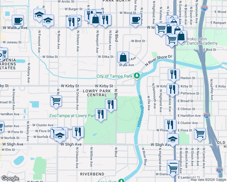 map of restaurants, bars, coffee shops, grocery stores, and more near 901 West Patterson Street in Tampa