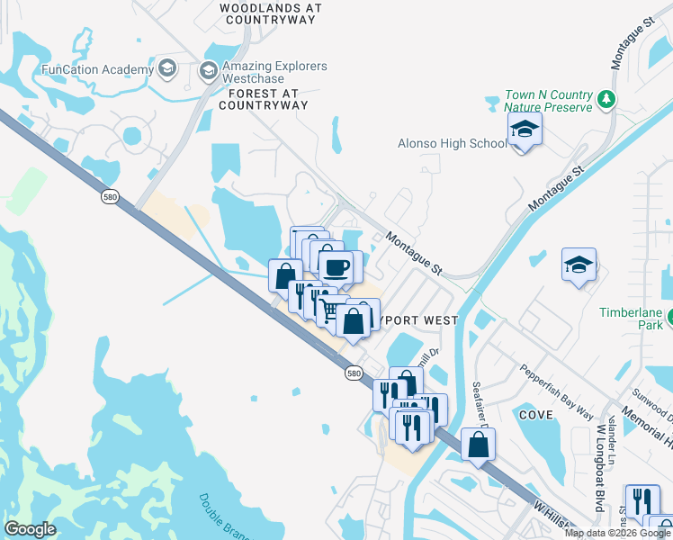 map of restaurants, bars, coffee shops, grocery stores, and more near 11655 West Hillsborough Avenue in Tampa