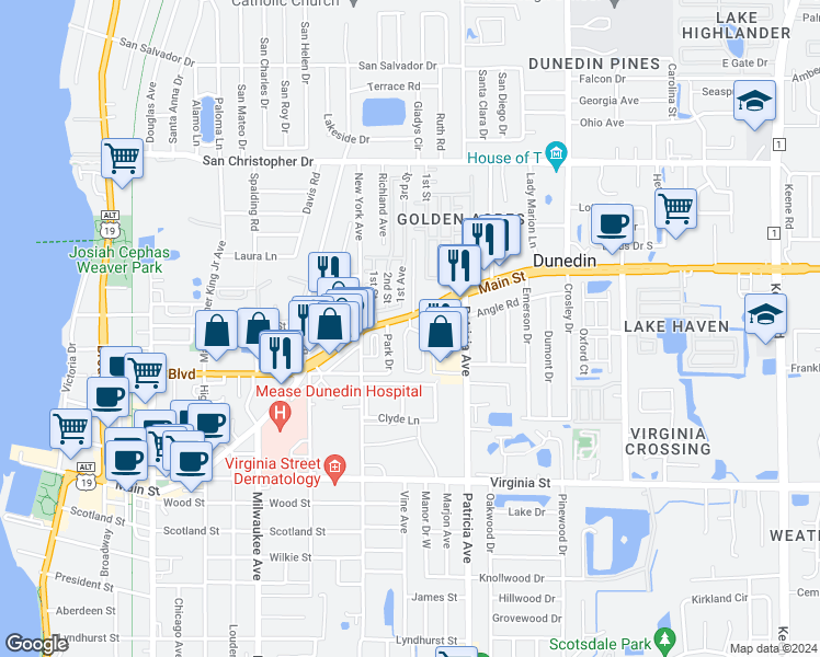 map of restaurants, bars, coffee shops, grocery stores, and more near 1024 Michigan Drive West in Dunedin