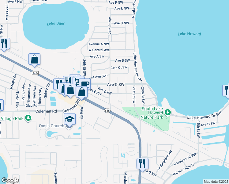 map of restaurants, bars, coffee shops, grocery stores, and more near 2391 Avenue D Southwest in Winter Haven