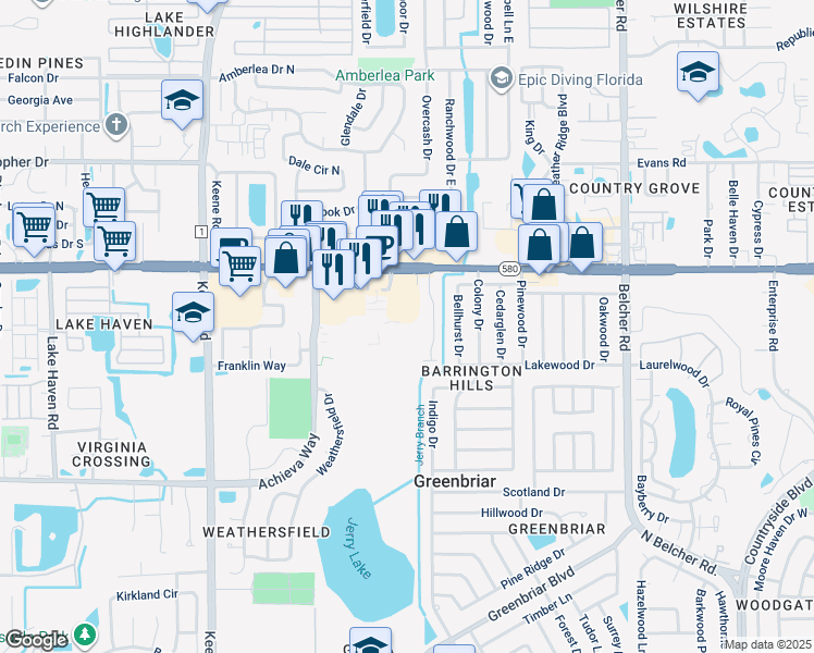 map of restaurants, bars, coffee shops, grocery stores, and more near 1763 Main Street in Dunedin