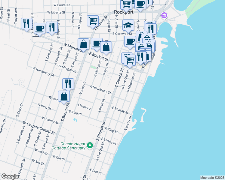 map of restaurants, bars, coffee shops, grocery stores, and more near 720 East Hackberry Street in Rockport