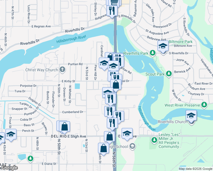 map of restaurants, bars, coffee shops, grocery stores, and more near 7507 Pitch Pine Circle in Tampa