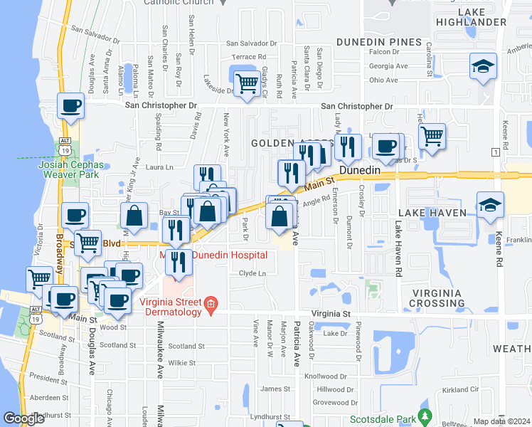 map of restaurants, bars, coffee shops, grocery stores, and more near 1033 Michigan Drive East in Dunedin