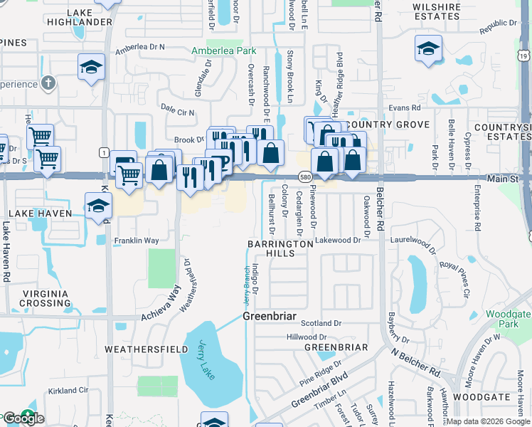 map of restaurants, bars, coffee shops, grocery stores, and more near 2625 Bellhurst Drive in Dunedin
