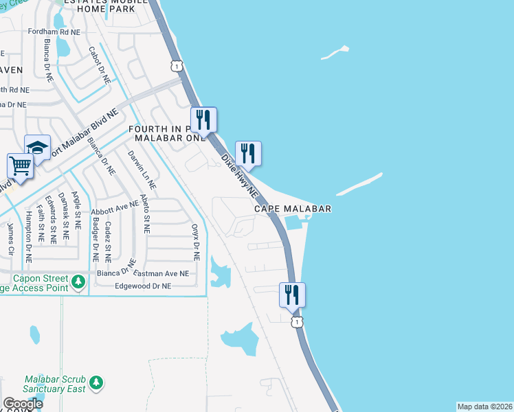 map of restaurants, bars, coffee shops, grocery stores, and more near 799 Wildbriar Road Northeast in Palm Bay