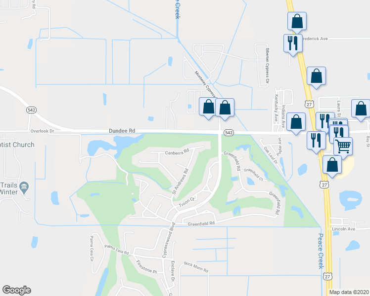 map of restaurants, bars, coffee shops, grocery stores, and more near 717 Canberra Road in Winter Haven