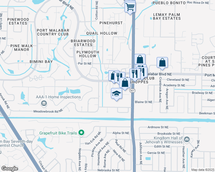 map of restaurants, bars, coffee shops, grocery stores, and more near 606 Cedar Side Circle Northeast in Palm Bay