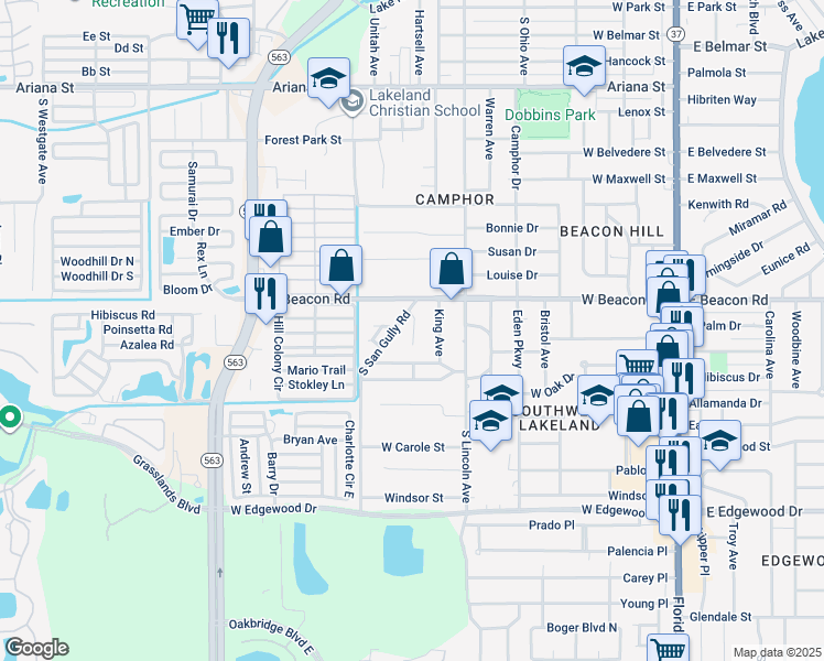 map of restaurants, bars, coffee shops, grocery stores, and more near 2231 Brandy Place in Lakeland