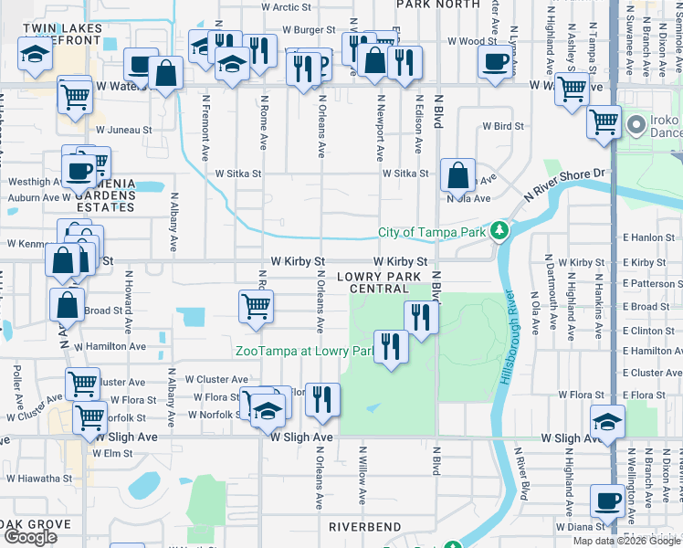 map of restaurants, bars, coffee shops, grocery stores, and more near 1318 West Patterson Street in Tampa