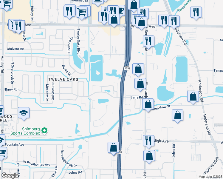 map of restaurants, bars, coffee shops, grocery stores, and more near 6101 Oak Cluster Circle in Tampa