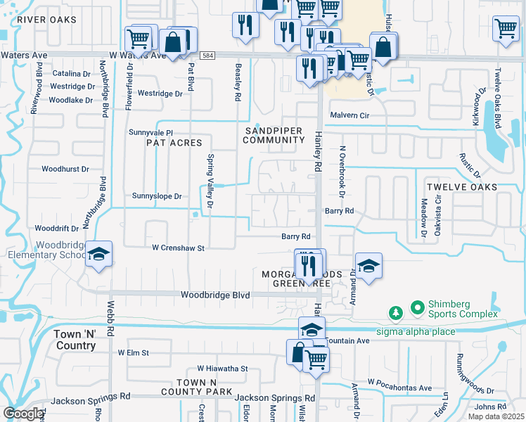 map of restaurants, bars, coffee shops, grocery stores, and more near 7510 Fragancia Court in Tampa
