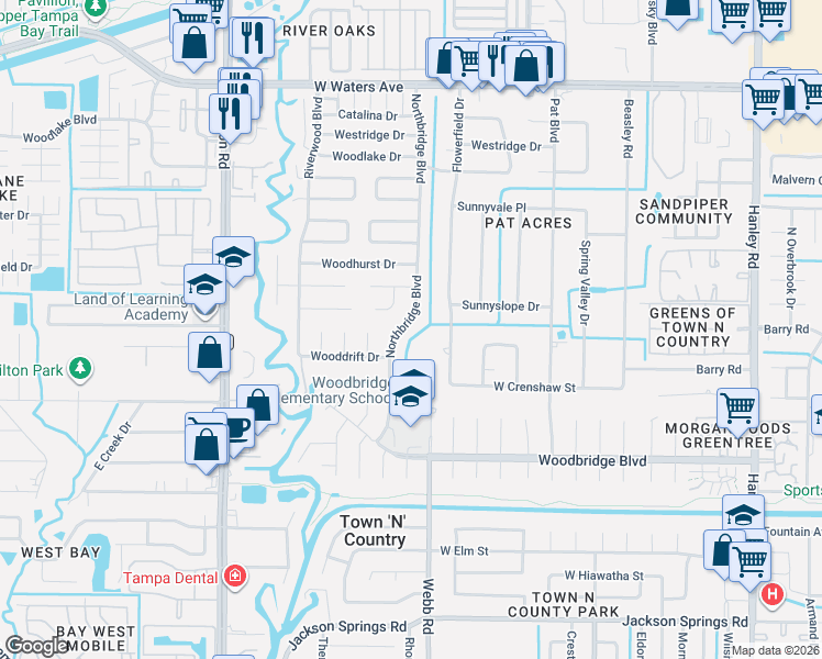 map of restaurants, bars, coffee shops, grocery stores, and more near 7209 Northbridge Boulevard in Tampa