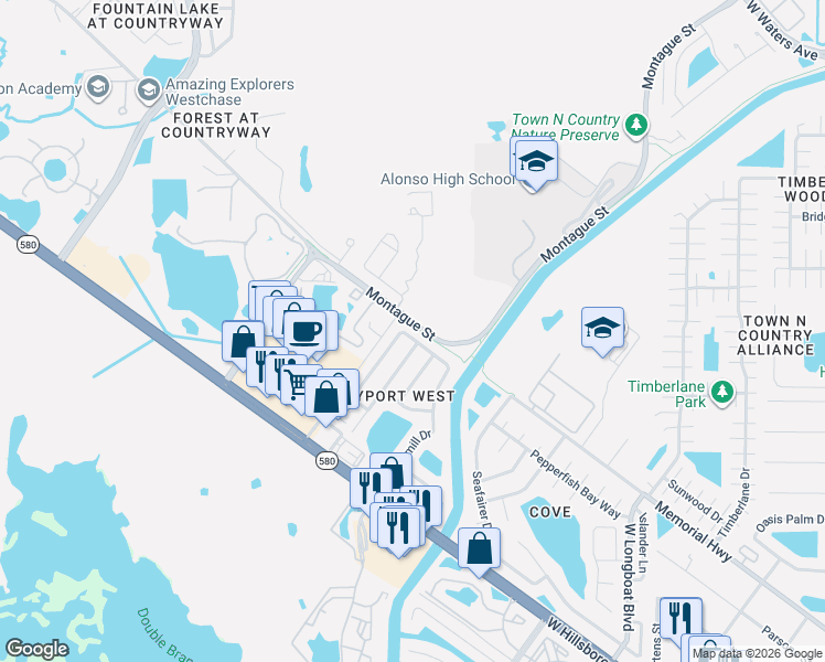 map of restaurants, bars, coffee shops, grocery stores, and more near 7104 Silvermill Drive in Tampa