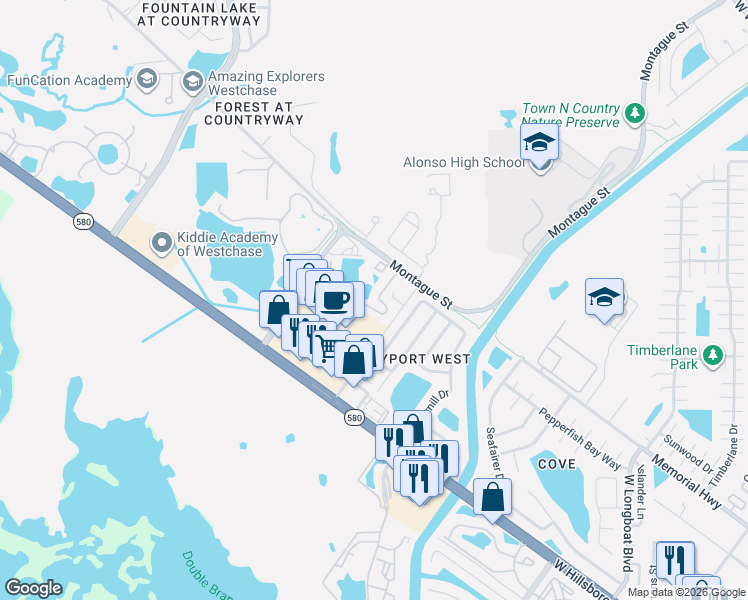 map of restaurants, bars, coffee shops, grocery stores, and more near 11586 Declaration Drive in Tampa