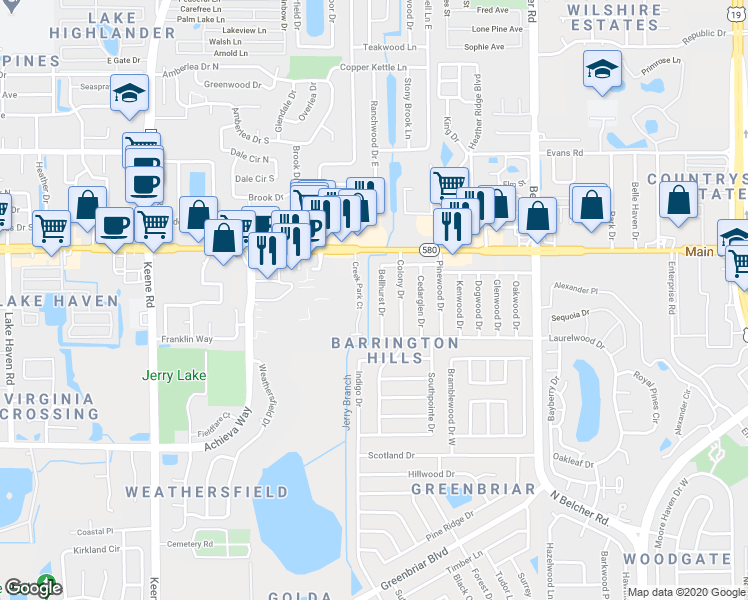 map of restaurants, bars, coffee shops, grocery stores, and more near 2625 Bellhurst Drive in Dunedin