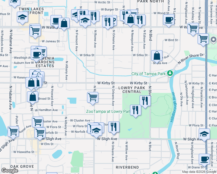 map of restaurants, bars, coffee shops, grocery stores, and more near 1511 West Robson Street in Tampa