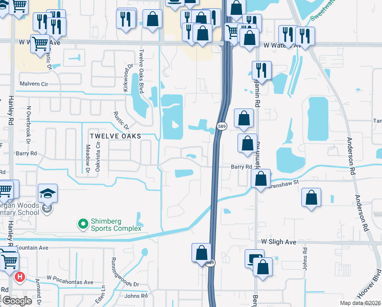 map of restaurants, bars, coffee shops, grocery stores, and more near 6138 Oak Cluster Circle in Tampa