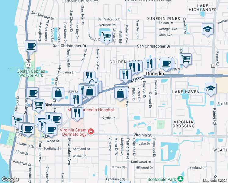 map of restaurants, bars, coffee shops, grocery stores, and more near 1001 Main Street in Dunedin