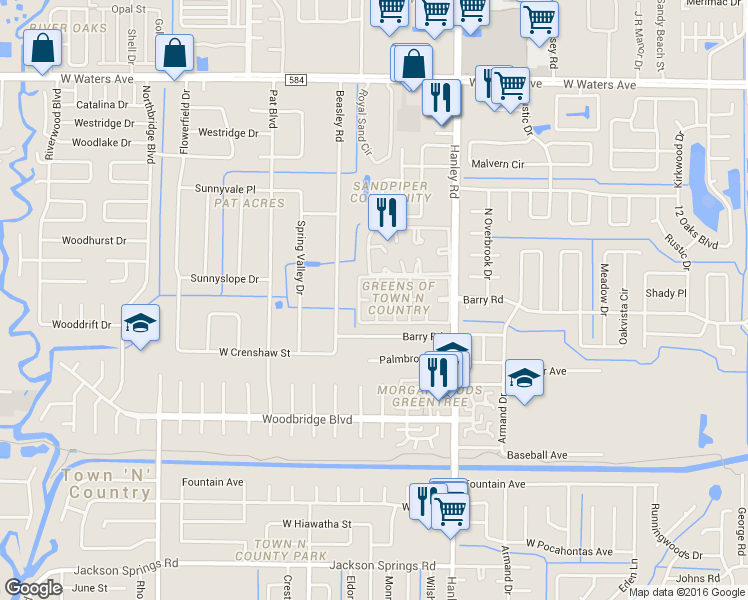 map of restaurants, bars, coffee shops, grocery stores, and more near 7510 Fragancia Court in Tampa